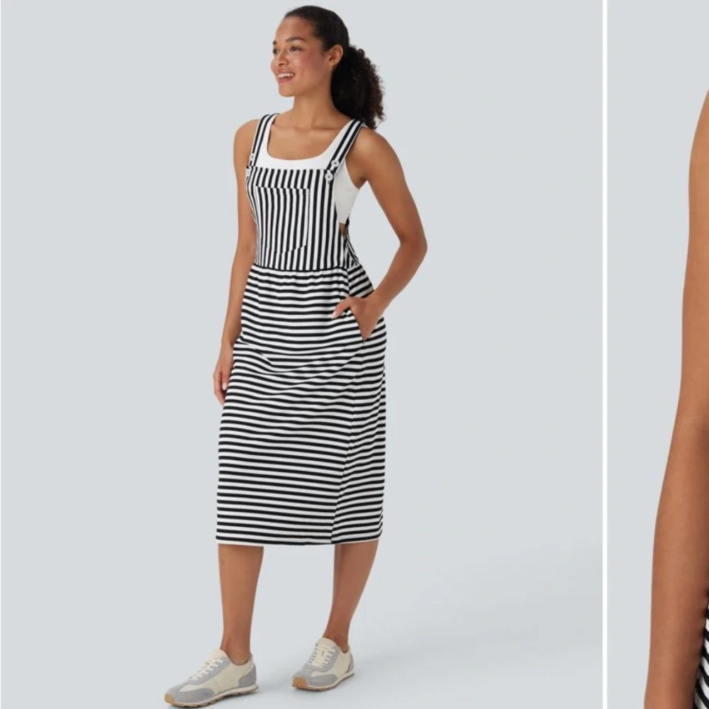 NWOT HALARA Black and White Striped Midi Dress - Picture 5 of 6